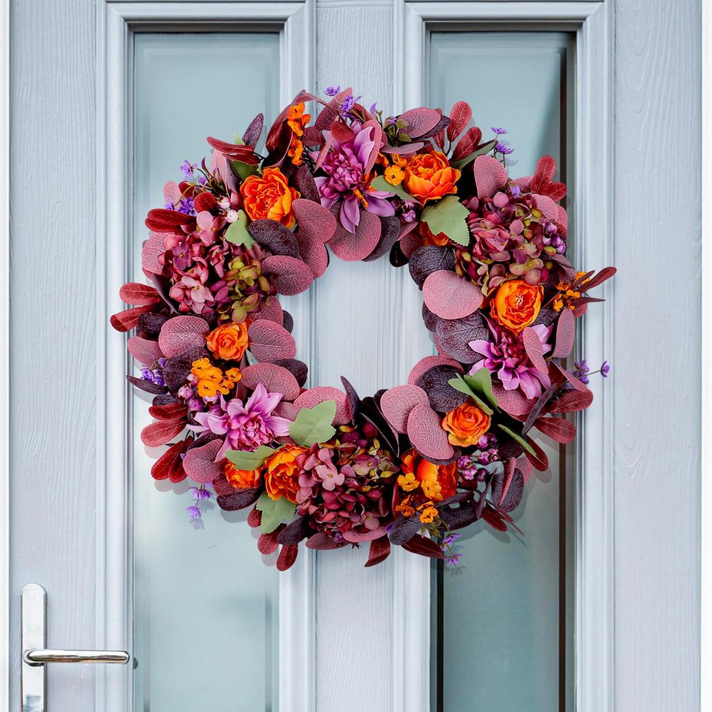 Artificial Fall Wreath With Orange Roses, Purple Hydrangeas, Leaves, 18-inch Front Door Decor