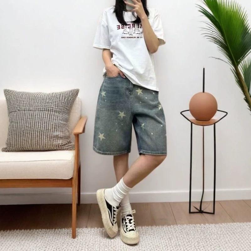 Women's High Waist Star Print Vintage Washed Denim Shorts Loose Wide Leg Culottes