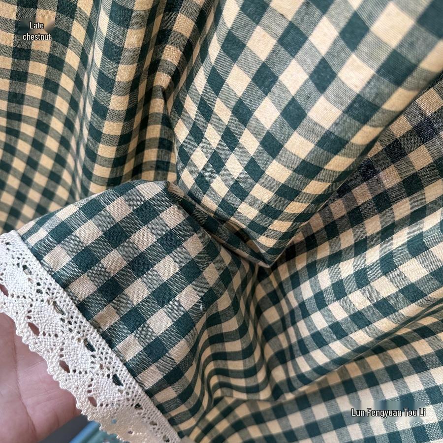 Dark Green Plaid Cotton-Linen Retro Half-Length Curtain for Windows or Cabinets
