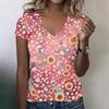 Women V Neck Short Sleeve Floral Print Casual Loose Fit T Shirt Lightweight Soft Fabric Comfortable Top for Daily Wear
