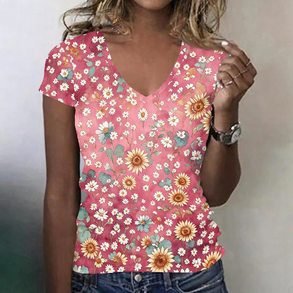 Women V Neck Short Sleeve Floral Print Casual Loose Fit T Shirt Lightweight Soft Fabric Comfortable Top for Daily Wear