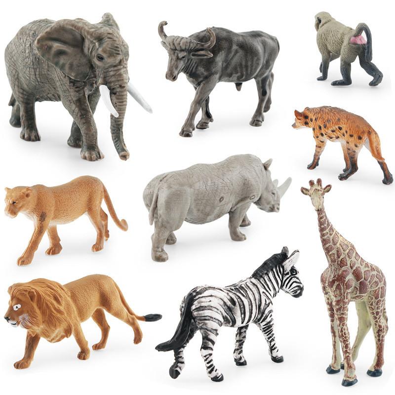 Realistisches Set südafrikanischer Tierfiguren aus PVC: Zebra, Löwe, Hyäne, Nashorn, Büffel, Elefant – ideal als Dekoration für Zuhause und zum Spielen.