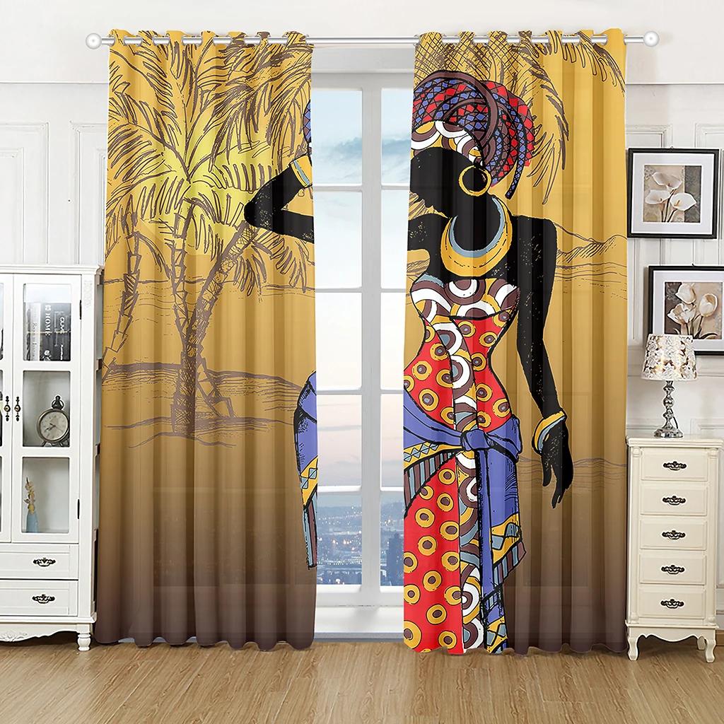 Kenya Nature Three African Woman Kitchen Curtains for Living Room Bedroom Decoration Curtains Drapes