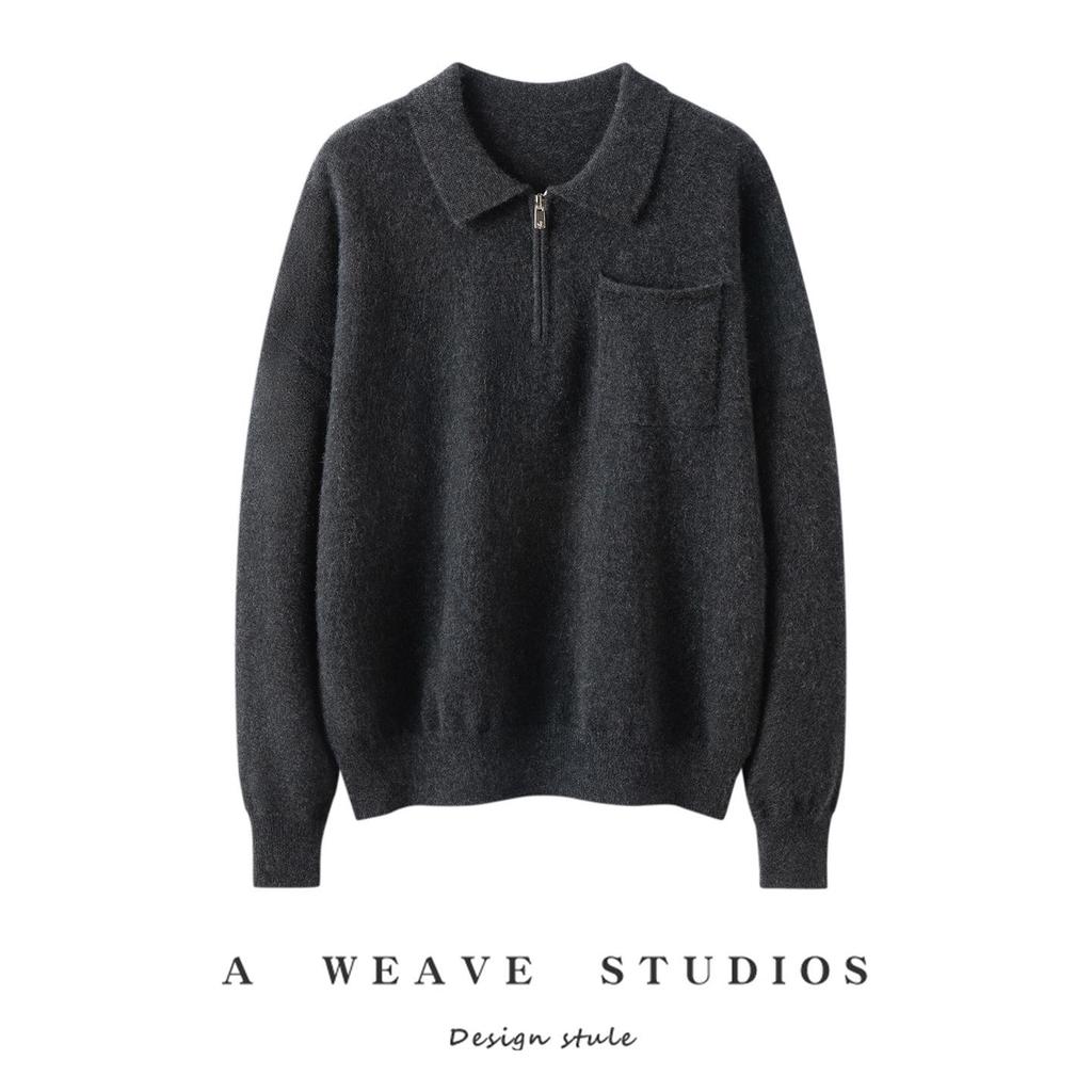 Women's Polo Neck Half-Zip Cashmere Sweater - Light, Elegant, Long Sleeve Pullover for Autumn/Winter.