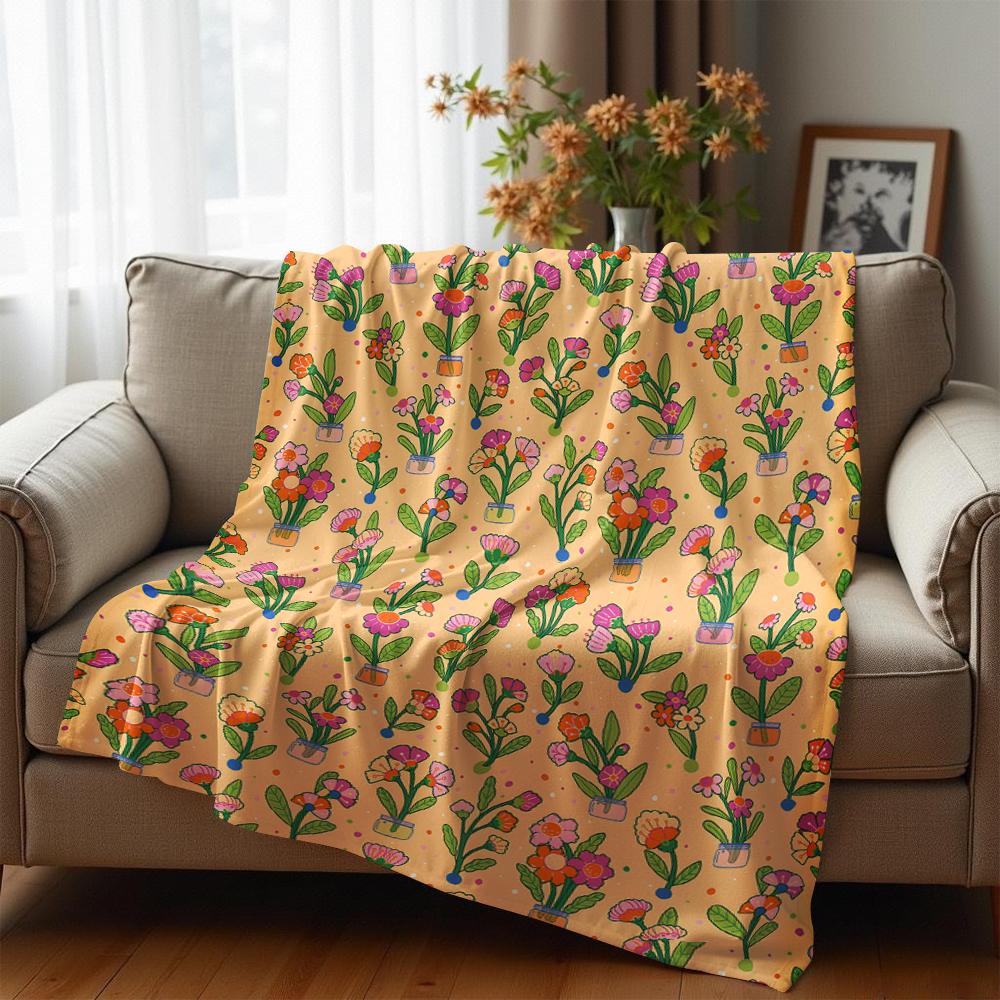 Orange Potted Floral Repeat Anime Cartoon Flannel Blanket Soft Warm Throw for Bedroom Sofa Car Kids Holiday Gift