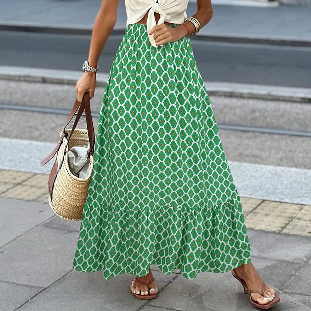 Women's Fashion Bohemian Print Elastic Waist Skirt Loose Casual High Waist Large Hemline Skirt