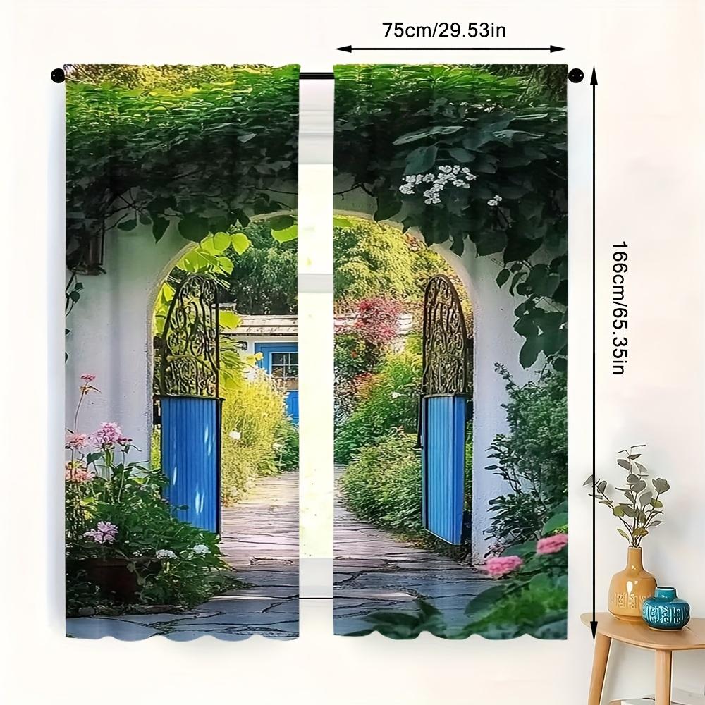 2pcs Retro Garden Curtains - Ivy and Flower Landscape Design, 100% Polyester, Semi-Transparent, Machine Washable, for Patio, Gaz