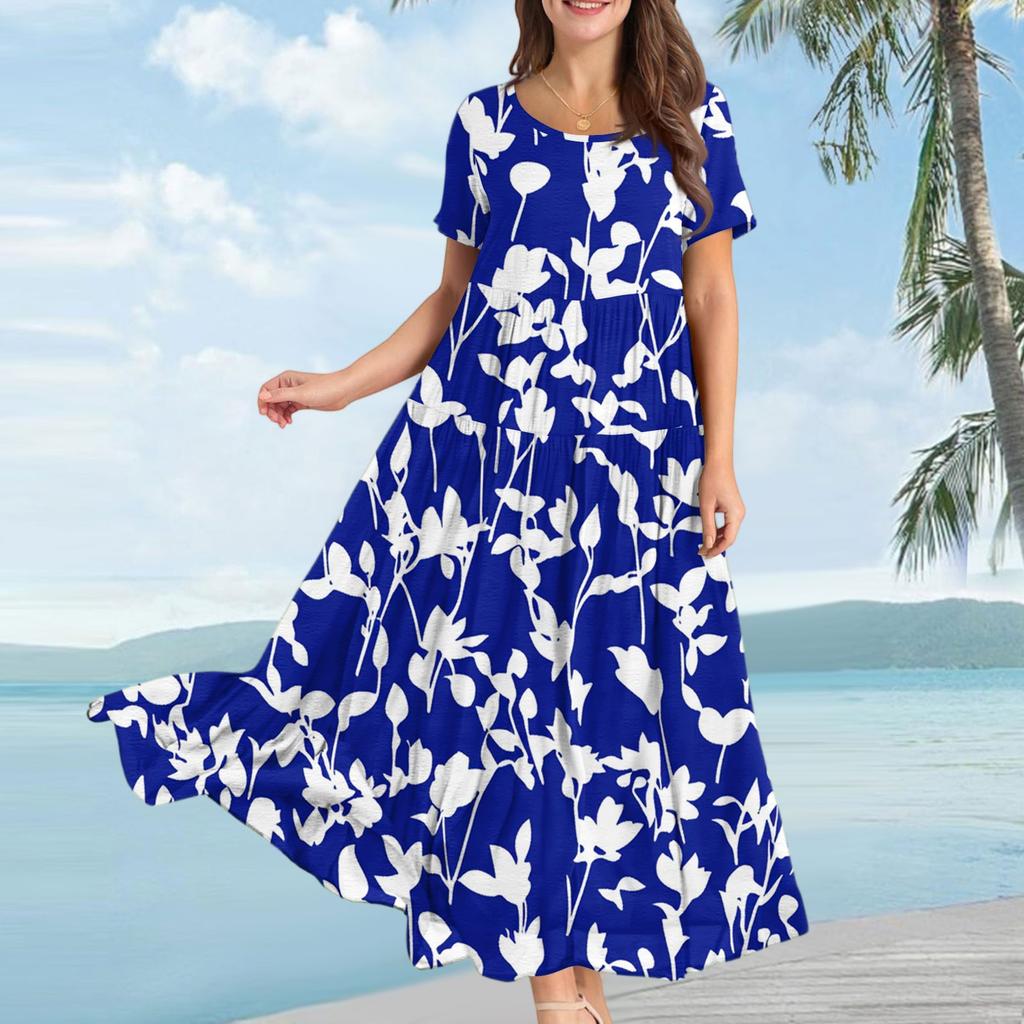 Damen Lässiges Lockeres Böhmisches Kleid mit Blumenmuster und Kurzen Ärmeln