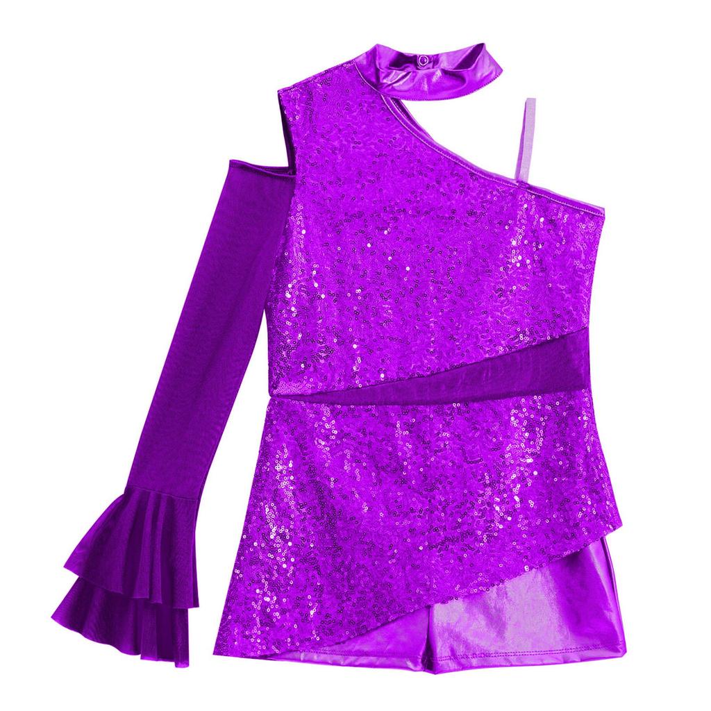 Mädchen Peplum Turnanzug Tanzkostüm Asymmetrisches Kalt-Schulter-Design mit transparenten Mesh-Rüschenärmeln Body