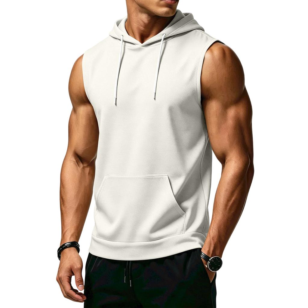 Men's Sleeveless Hoodie Casual Sportswear Muscle Fit Wide Shoulder Drawstring Hooded Pocket Tank Top