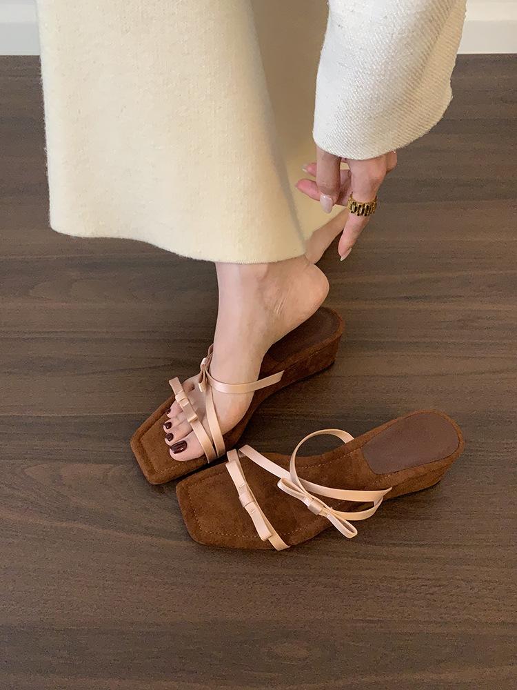 Retro evening wind slope heel slippers women's summer wear silver high heel cool slippers with skirt beach sandals Roman women's shoes