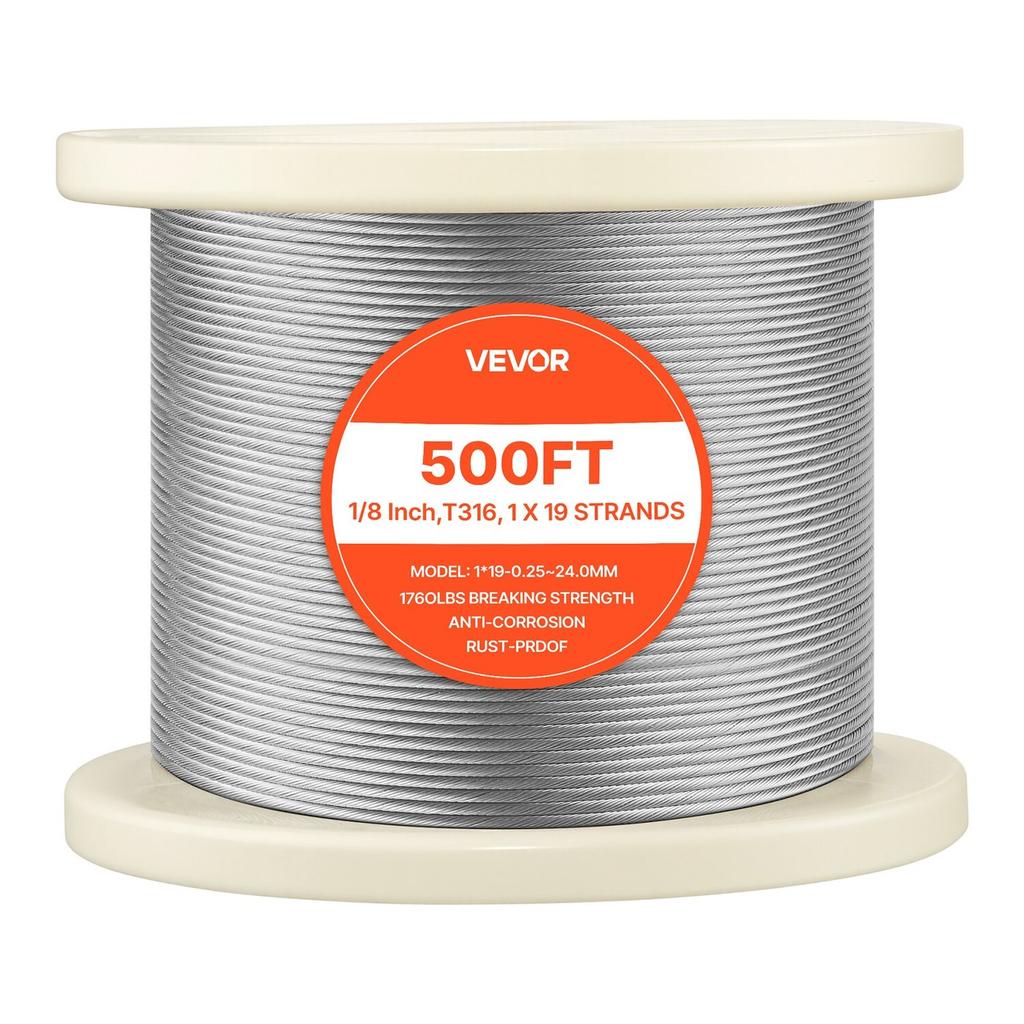3.2 mm Wire Rope, 152 m Length, 316 Stainless Steel Wire Cable with Cutter, 798 kg Breaking Strength, 1 x 19 Strands Construction, Steel Cable for
