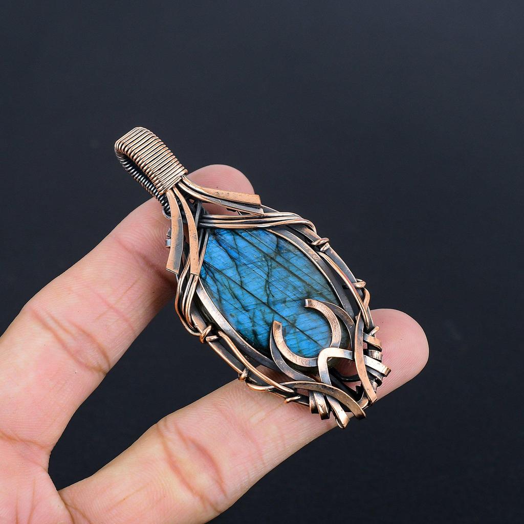Labradorite Pendant, Handmade Gemstone 999 Copper Wire Wrapped Pendant Antique Jewelry, For Gift Silver Jewelry