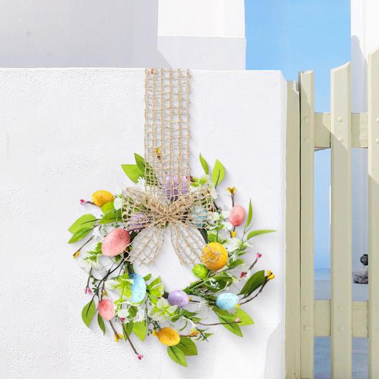 Small Easter Egg Wreath for Front Door Artificial Spring Colorful Eggs Wreath Farmhouse Hanging Kitchen Cabinet Wreath with Ribbon