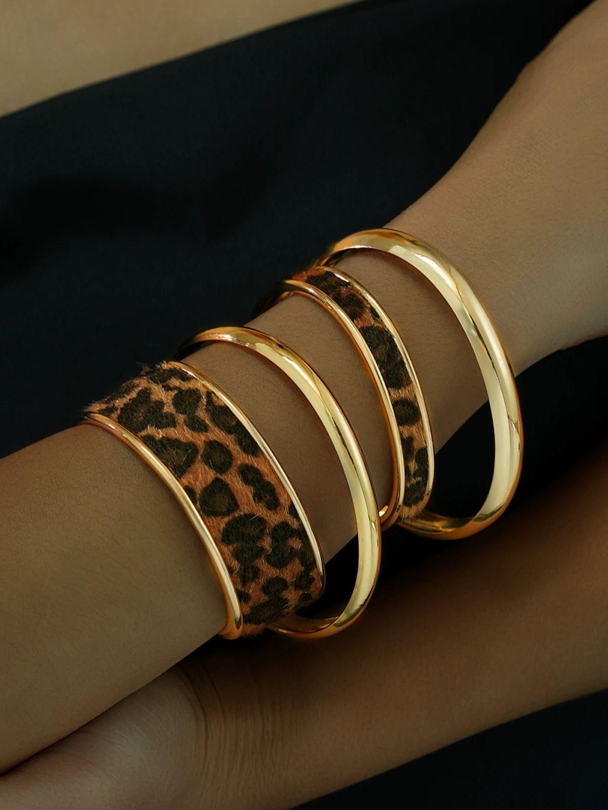 

17KM 4 Piece Leopard Print Free Smooth Surface Bangle Fashion Jewelry Set Women Trendy Shiny Daily Party Accessory Decorative Gift