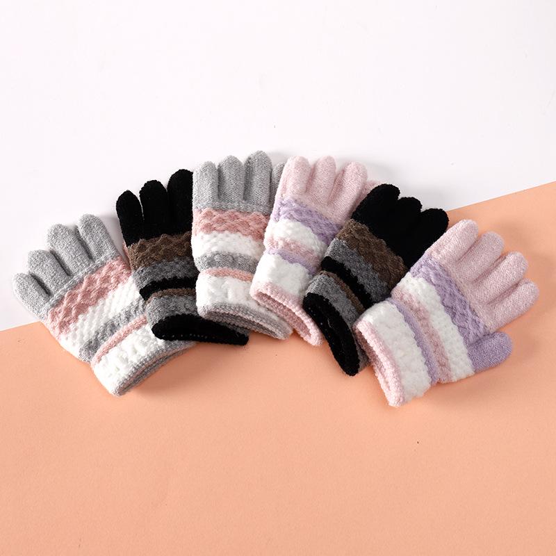Cute Striped Fingerless Knitted Gloves for Kids - Autumn/Winter