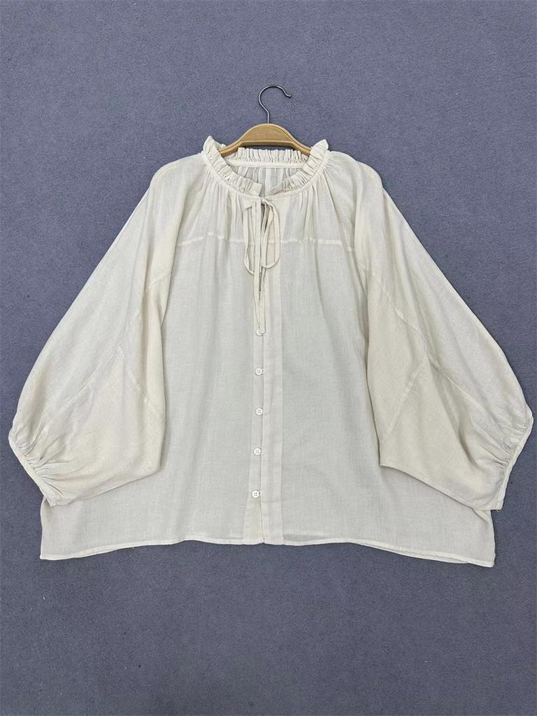 Johnature Japanische Casual Loose Bat Shirts Einfarbige Shirts Sommer Vintage Rüschen Kragen Krawatte Tops Frauen