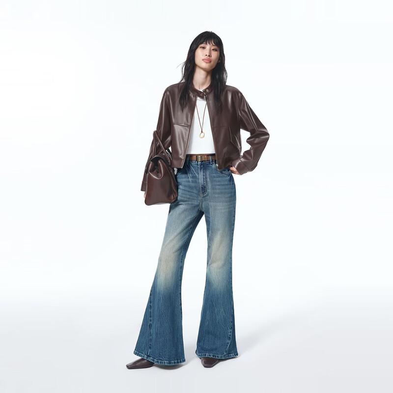 Women's Gold-Button Cropped Stand-Collar PU Biker Jacket