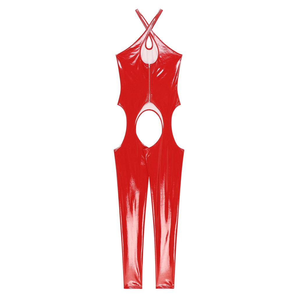 Womens Patent Leather Jumpsuit Sleeveless Hollowing Out One Piece Outfits Bodycon Party Club Rompers