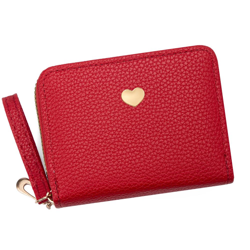 Compact Women's Heart Double Zipper Wallet with Card Slots and Hand Strap