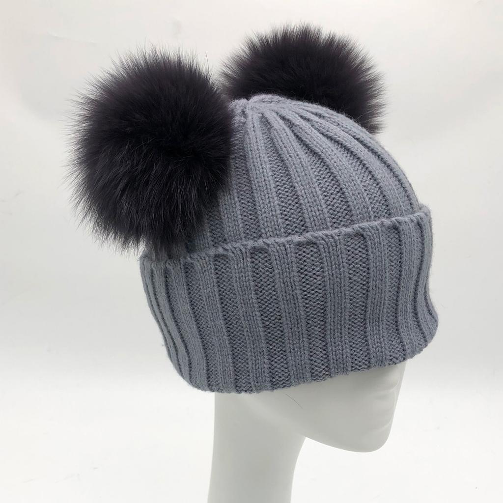 Custom Labels Double Pom Pom Baby Toddler Children Winter Beanie Knitted Hats With Fur Pompom