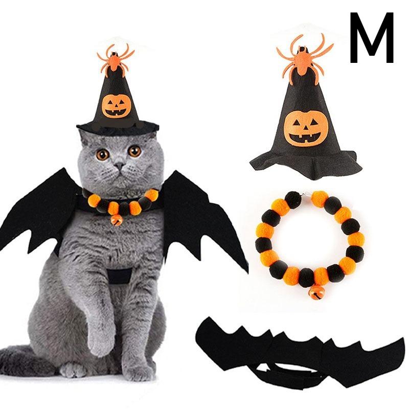 3×Halloween Pet Cat Costume Decoration Set - Bat Wings Collar Headband Accessories, Spooky Cute Cosplay Dress-Up Halloween Party