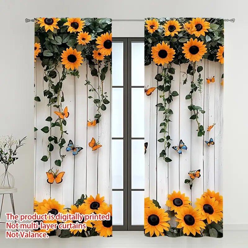 

2Pcs- Sunflower And Butterfly - Pole Bag Curtains, Bedroom And Kitchen Decoration, Home Decoration, Living Room Decoration 14Wx39L(35x100CM)x2&Rod Pocket