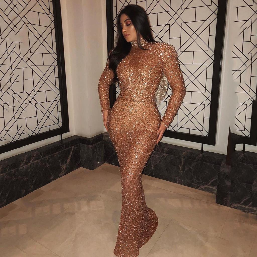 European And American Spring New Women'S Clothing Long-Sleeved Backless Golden Sexy Dress Long Dress