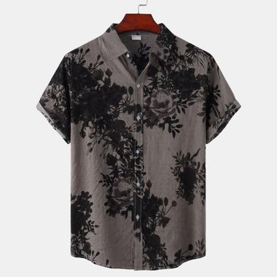 Men Shirt Vintage Floral Print Collar Single-breasted Loose Short Sleeves Turn-down Cardigan Buttons Mid Length Top