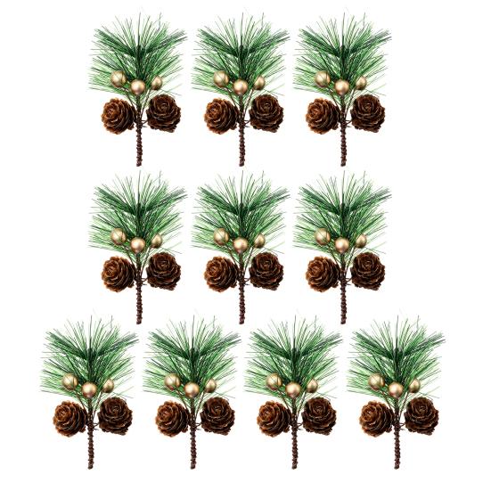 10 Pcs Artificial Pine Pick Mini Pine Needles Branches with Gold Berry Small Pinecones Stems for Holiday Crafts Christmas Tree DIY Garland Wreath