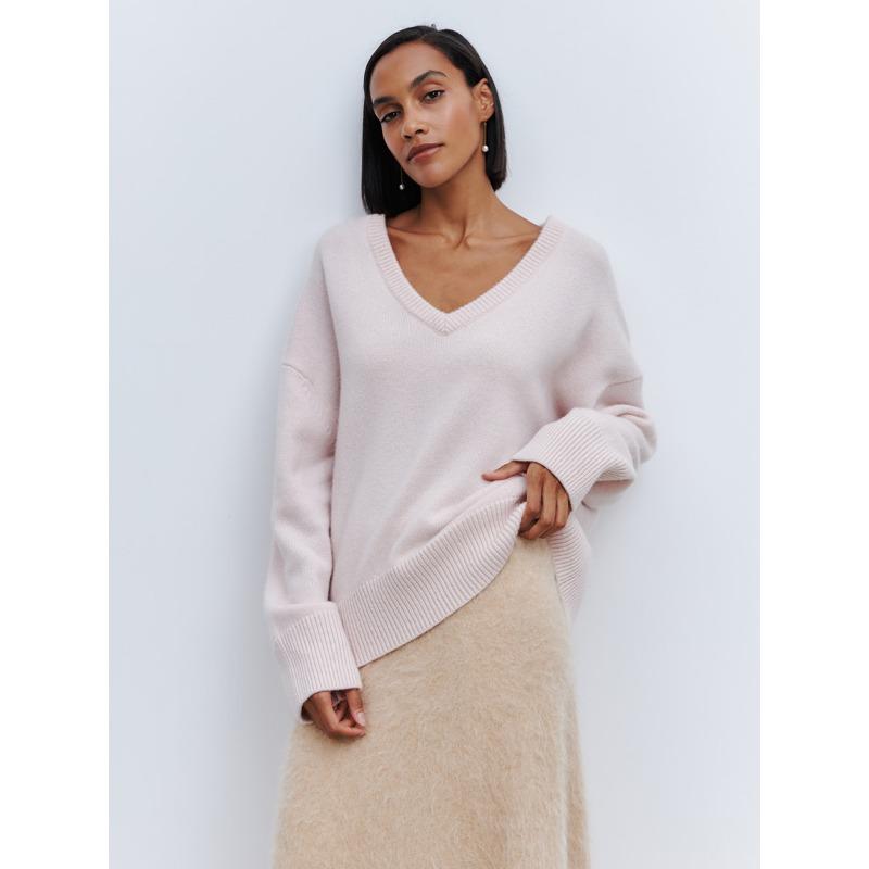 

Свитер с V-образным вырезом, женский осенне-зимний свитер, свободный вязаный свитер L светло-розовый