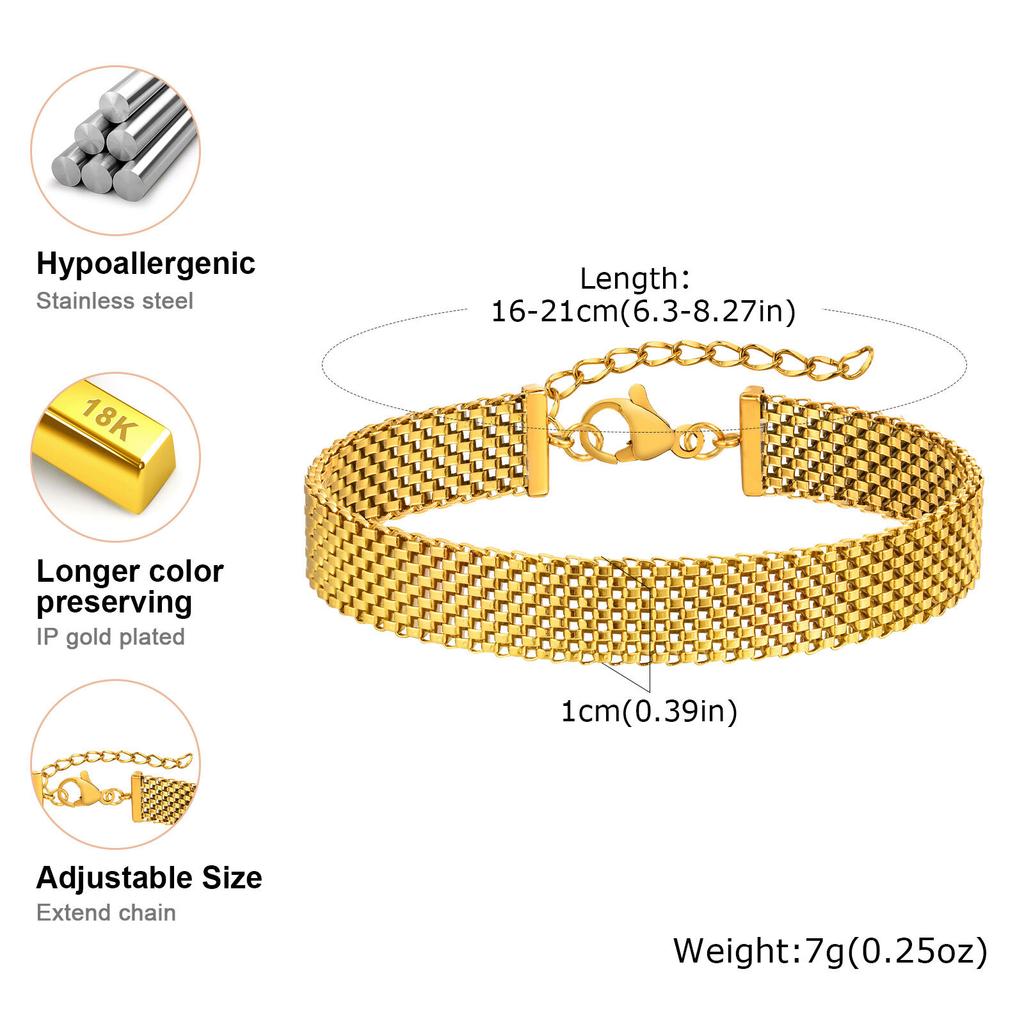 Stainless Steel Chain Women Bracelet, Wide Brand Mesh Link Adjustable Wristband, 18k PVD Gold Plated Vintage Jewelry
