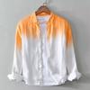 Camicia da uomo a maniche lunghe tie-dye con gradiente blu bianco - Taglia oversize casual in misto lino con bottoni