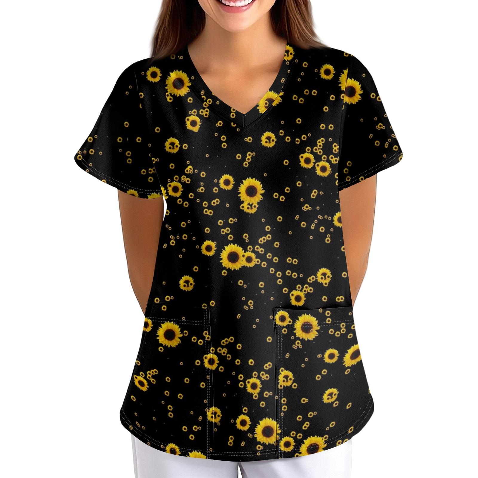 

Loose Fit V Neck Short Sleeve Medical Scrub Top with Pockets for Healthcare Professionals Nurse Uniform Workwear S чёрный