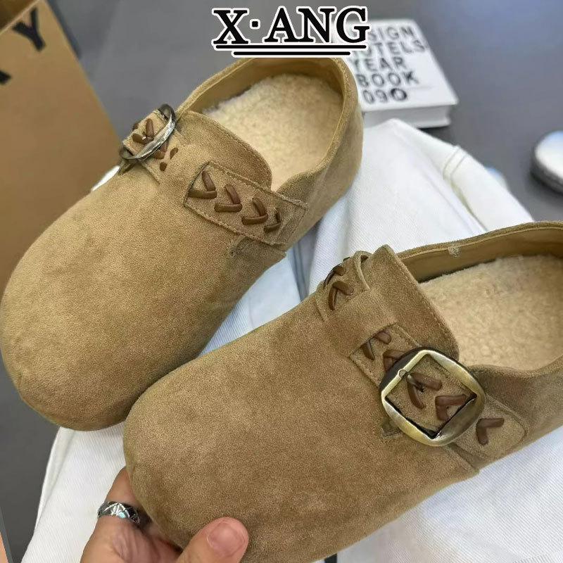 Leather all-inclusive children's inner height-increasing women's shoes autumn and winter new one-pedal plush cotton shoes