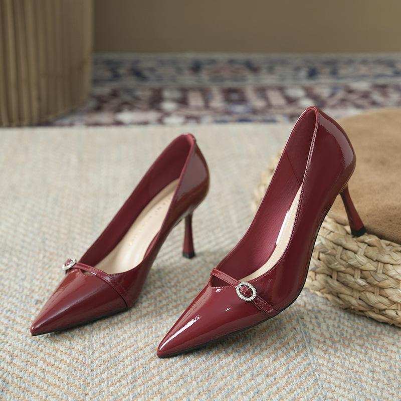 361-8 Patent Leather One-word Buckle Temperament High Heels Pointed Stiletto Wedding Shoes Bridesmaid Shoes Banquet Single Shoes Spring