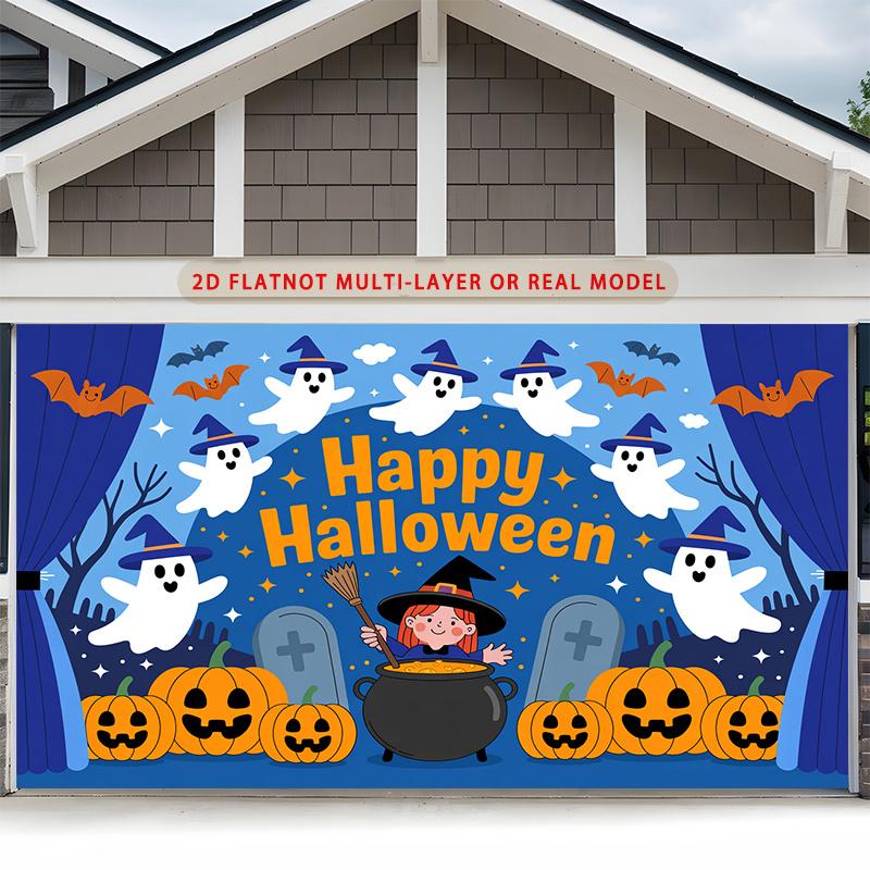 Party Backdrop Halloween Flat Spooky Ghosts Pumpkins Witch Bats Tombstones Multi Photo Booth Background Front Door Decor