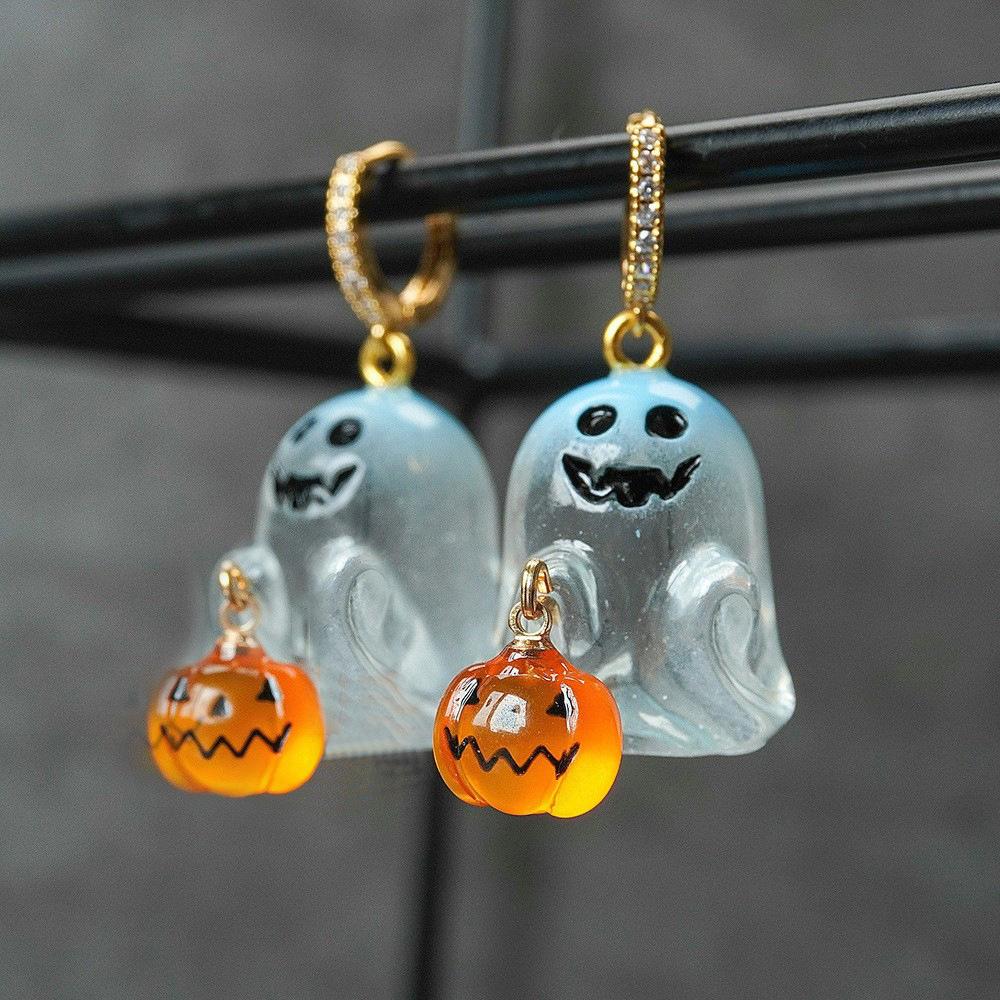 Módní Halloweenské náušnice s duchem, dámské, dívčí, roztomilé, punkové, dýňové, z nerezové oceli, šperky, křišťálové, háčkové, visací, párty dárky