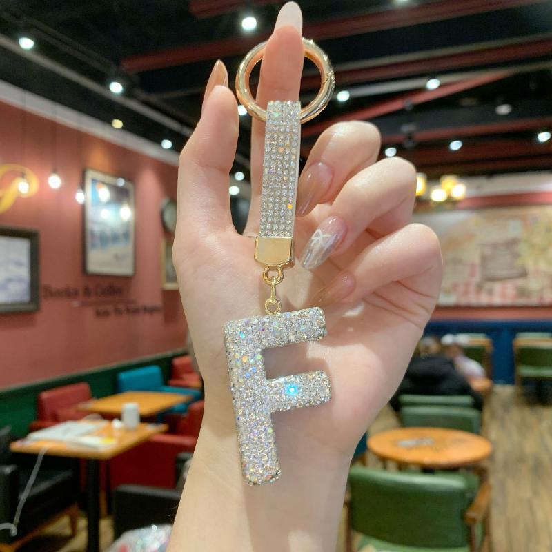 Trendy Letter Key Ring Sparkly Crystal Rhinestone Decor Keychain for Women Purse Car Key Accessory Gift