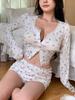 European & American Lace Trim Floral Bodycon Pajama Set: Long Sleeve Cardigan & Low Waist Shorts