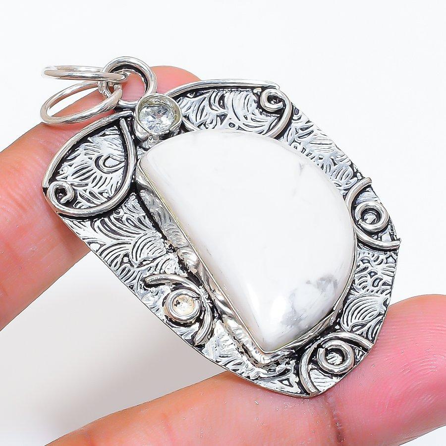 Natural Howlite Jasper, Topaz 925 Sterling Silver Jewelry Pendant 2.36" ZS-623