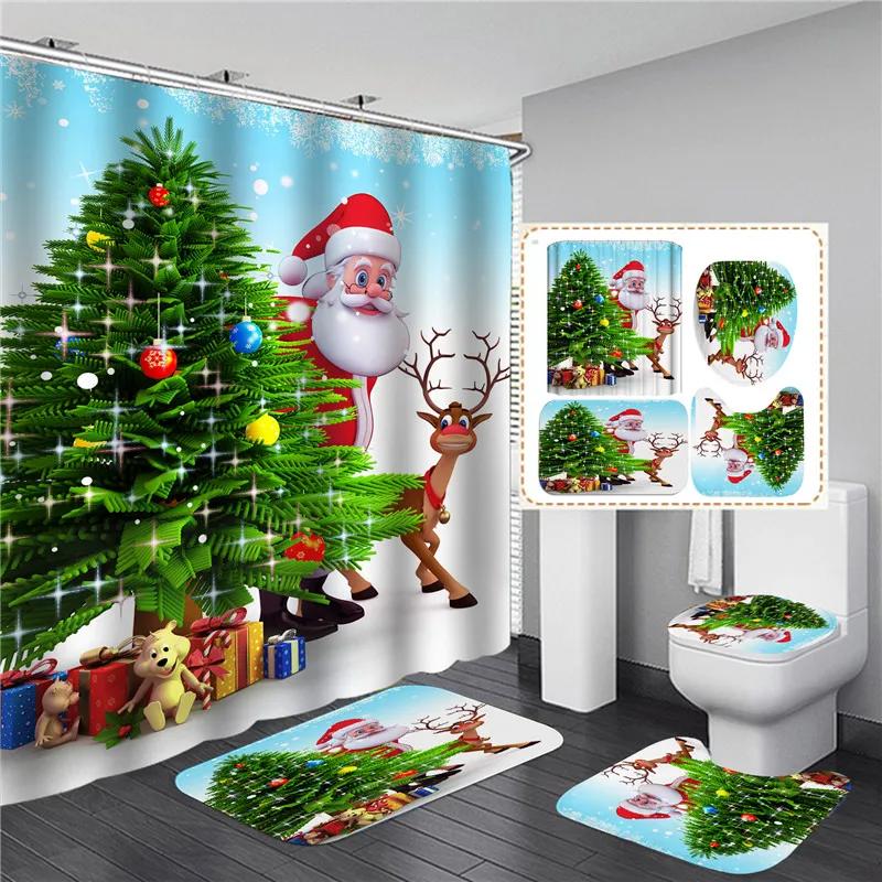 Red Santa Claus Printed Christmas Shower Curtain Set With Bath Mat Anti-Slip Carpet Bathroom Partition Waterproof Home Decor
