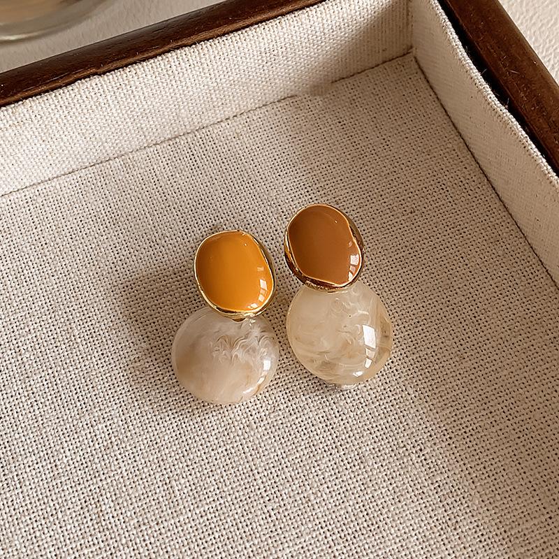 Vintage Brown Resin Tiger Eye Stone Dangle Earrings for Women Trendy Gold Color Metal Frame Geometry Earrings Jewelry Gifts