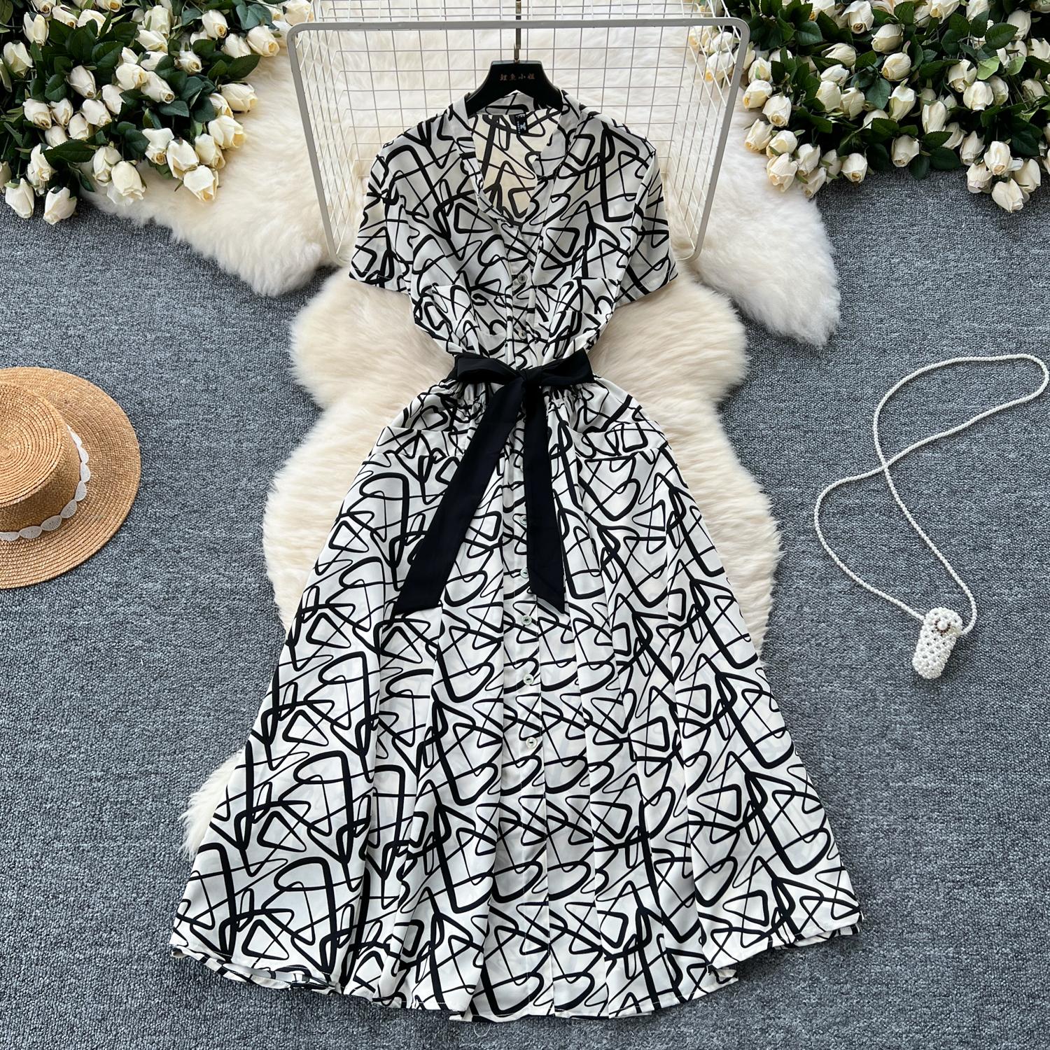 

Летнее женское платье миди с принтом, винтажное, с V-образным вырезом, коротким рукавом, высокой талией, однобортное, повседневное, со шнуровкой, женское One Size