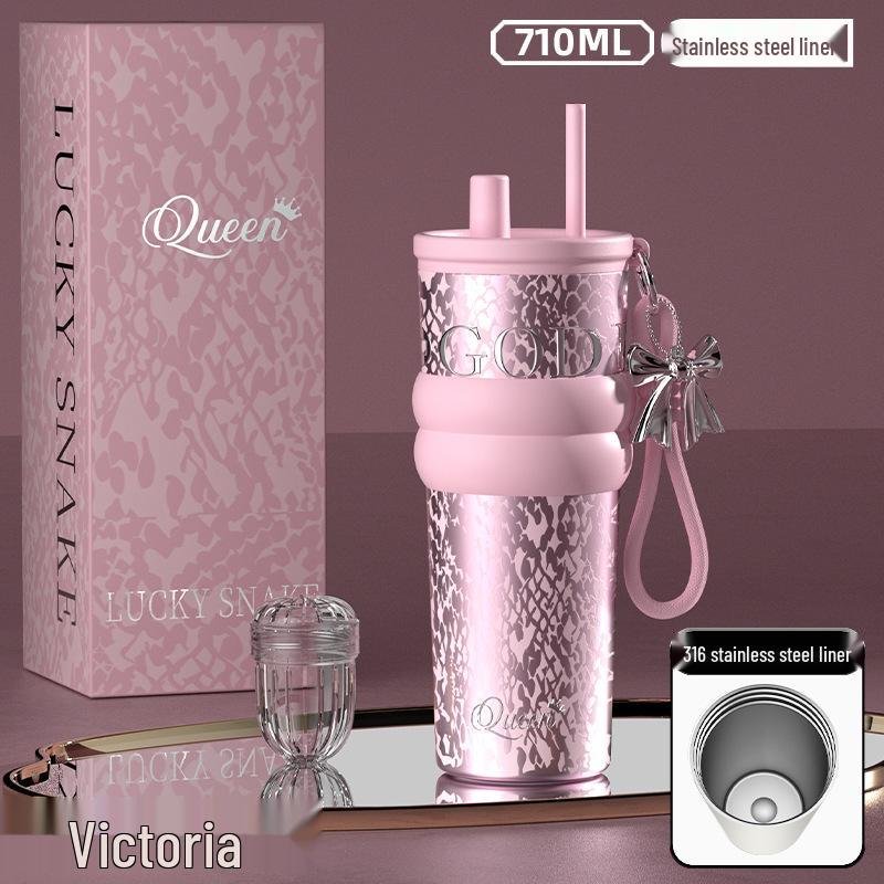 Luxuriöse isolierte Trinkflasche für Damen mit Strohhalm – Leicht, tragbar, hochwertiges Geschenk. 710ml gray
