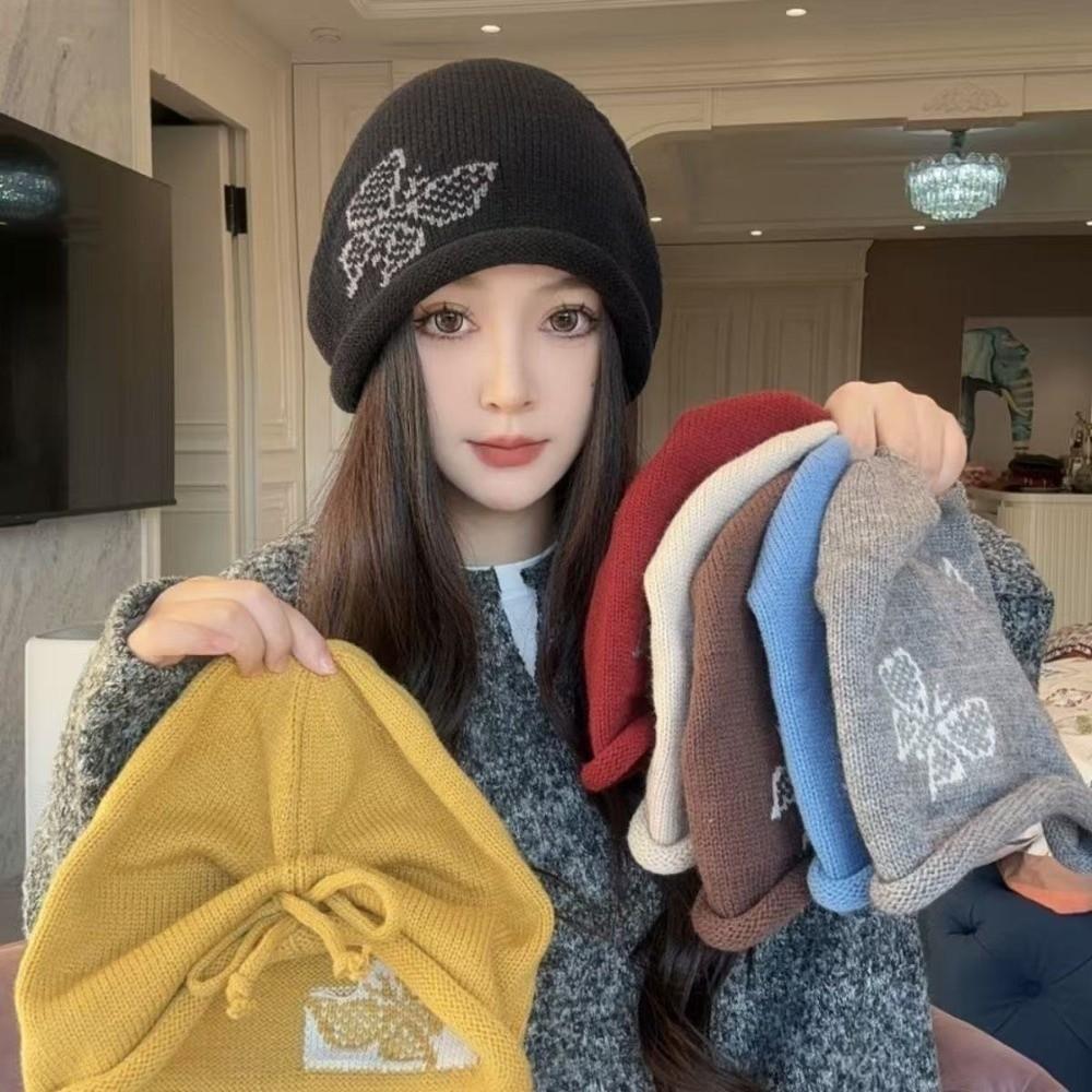 Butterfly Pattern Drawstring Beanie Cap Windproof Ear Protection Hat Knitted Woolen Hat  for Women