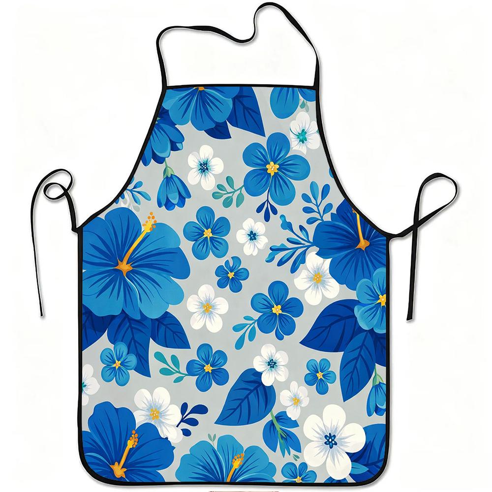 1pc of Blue Hibiscus Patterned Apron, Made from Durable And Easy-To-Clean Polyester, Featuring an Adjustable Waistband, Suitable for Cooking in The Ki
