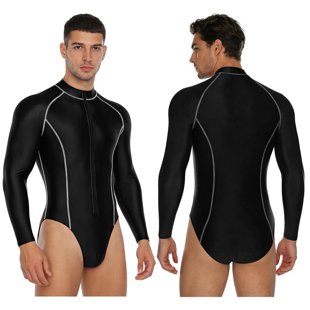 #M-4XL Mens Glossy Bodysuit Mock Neck Long Sleeve Front Zipper Leotard Jumpsuit Rash Guard for Beach Surfing Swimming Workout