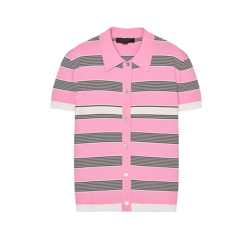 Summer New Product Women's Clothes French Style Preppy Style Short Stripe Knitting Short Sleeve Polo Shirt Collar Top 3920203
