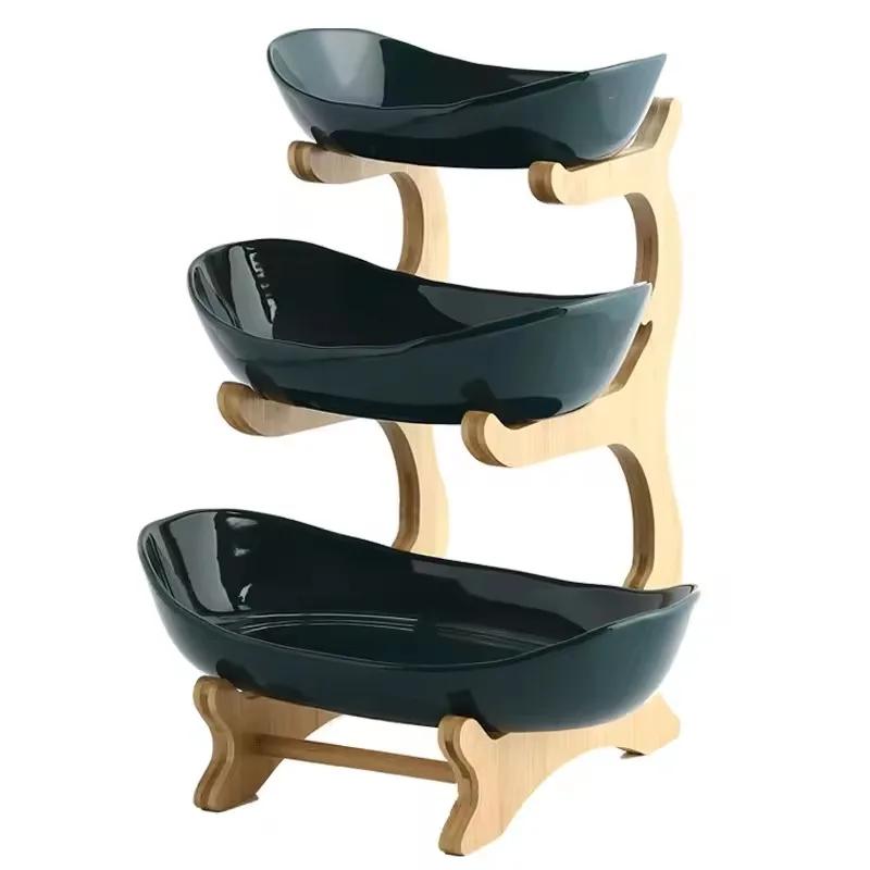 2-3 Tiers Plastic Fruit Plate Wood Holder Oval Serving Bowl Party Bar Food Server Display Stand Candy Dish Shelves Home Storage